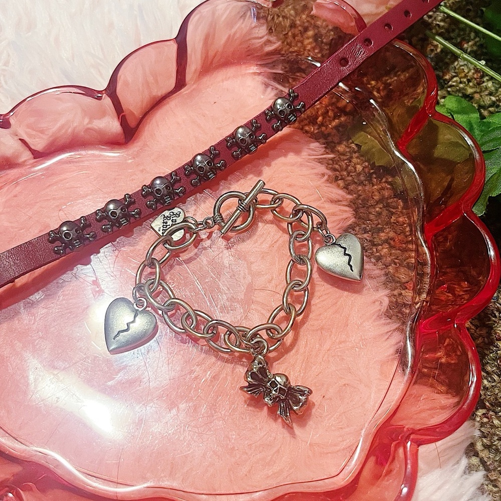Hot Topic Pink Skull Faux Leather Bracelet and Silver Skull Heart Charm Bracelet